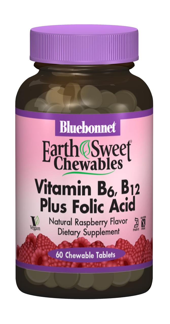 Витамин В6, B12 + Фолиевая кислота, Вкус Малины, Earth Sweet Chewables, Bluebonnet Nutrition, 60 жевательных таблеток,  мл, Bluebonnet Nutrition. Витамин B. Поддержание здоровья 