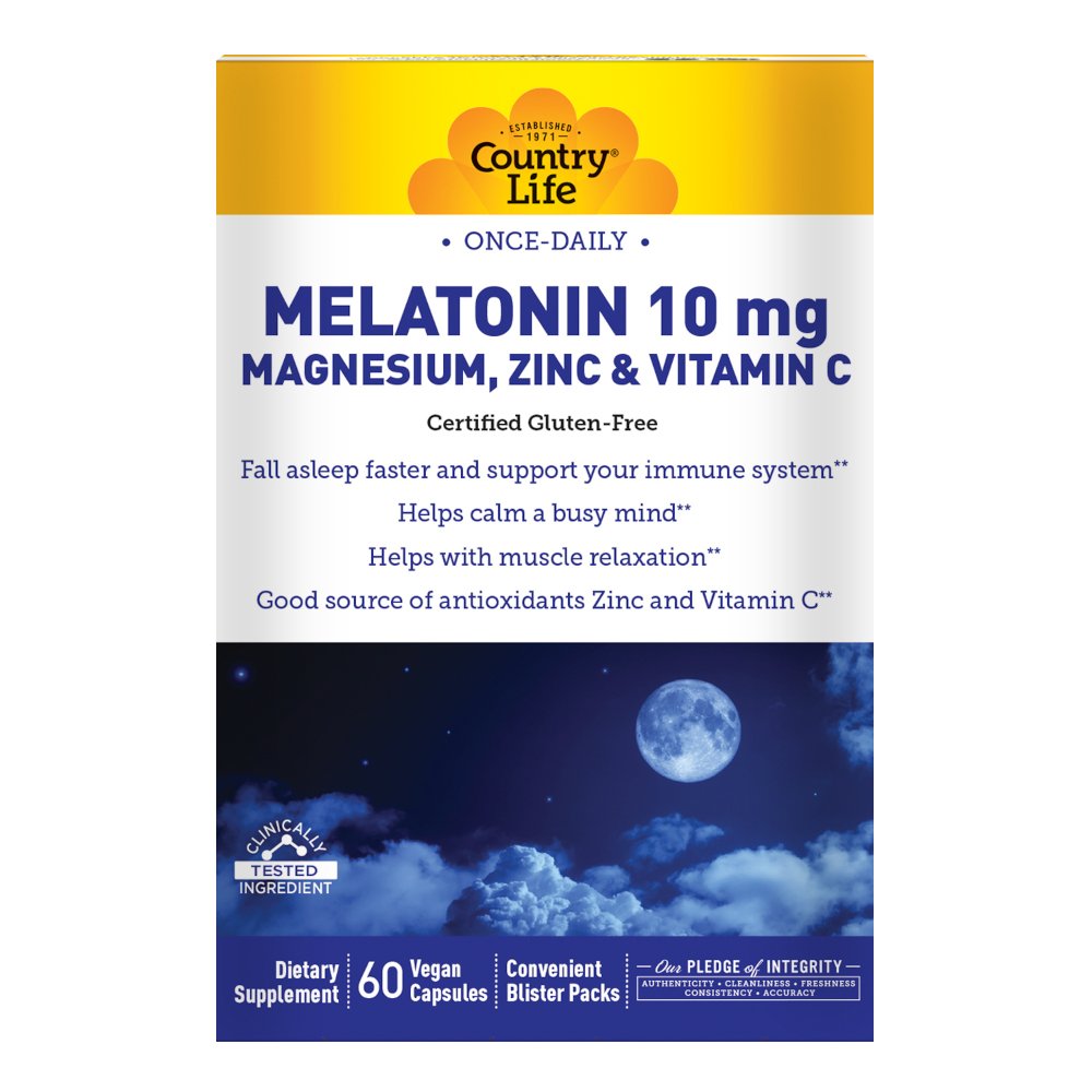 Натуральная добавка Country Life Melatonin 10 mg Magnesium, Zinc &amp; Vitamin C, 60 вегакапсул,  мл, Country Life. Hатуральные продукты. Поддержание здоровья 