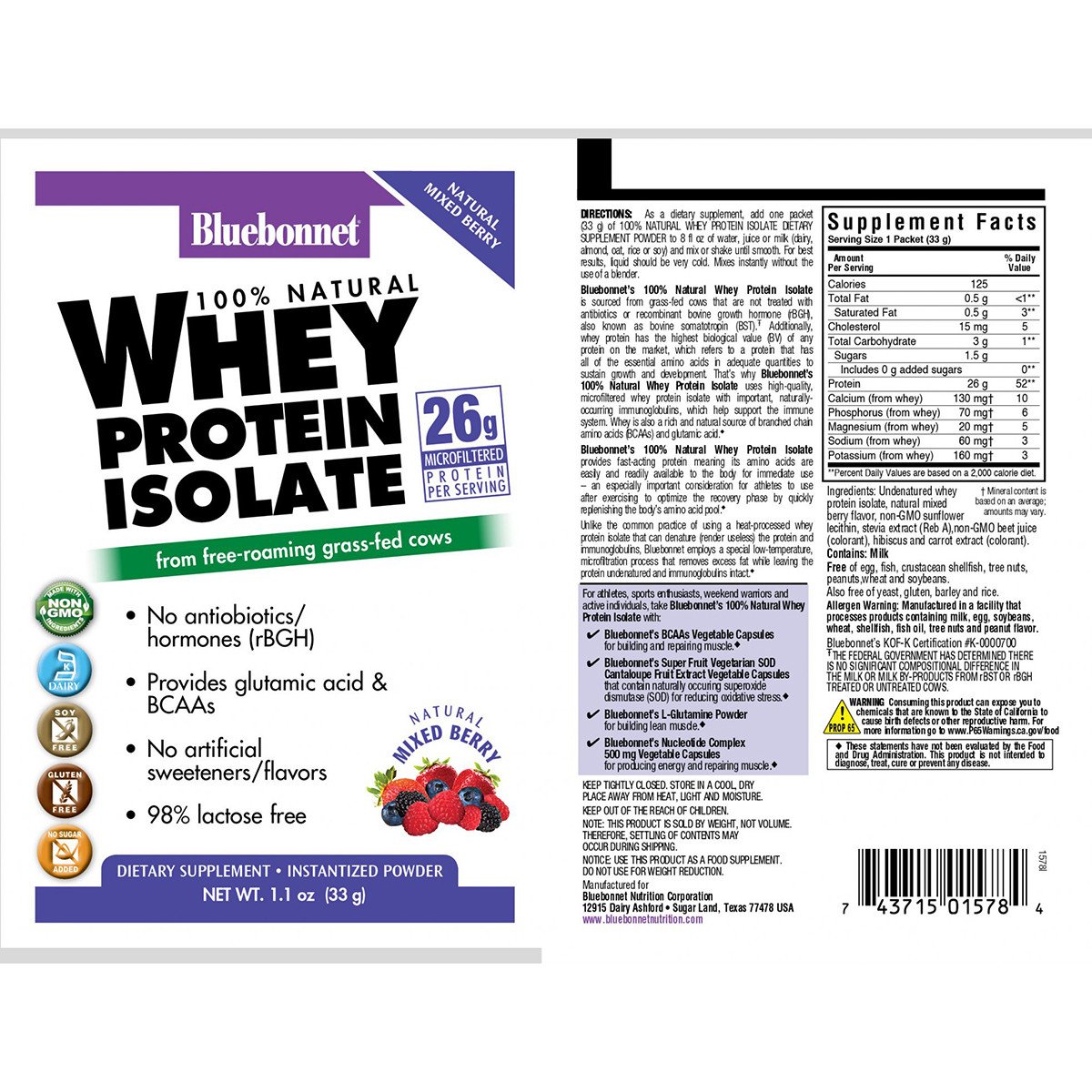 Сывороточный протеин изолят Bluebonnet Nutrition Whey Protein Isolate (8 пак) блюбонет нутришн ягода,  мл, Bluebonnet Nutrition. Сывороточный изолят