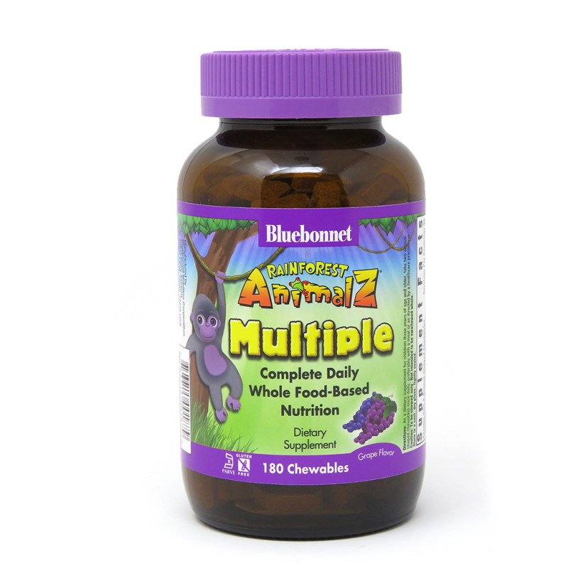 Витамины и минералы Bluebonnet Rainforest Animalz Multiple, 180 жевательных таблеток Виноград,  мл, Bluebonnet Nutrition. Витамины и минералы. Поддержание здоровья Укрепление иммунитета 