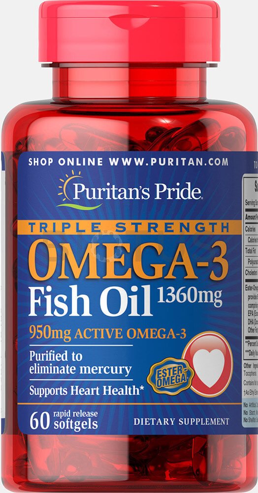 Puritan's Pride Triple Strength Omega-3 Fish Oil 1360 мг 60 Softgels,  мл, Puritan's Pride. Омега 3 (Рыбий жир). Поддержание здоровья Укрепление суставов и связок Здоровье кожи Профилактика ССЗ Противовоспалительные свойства 