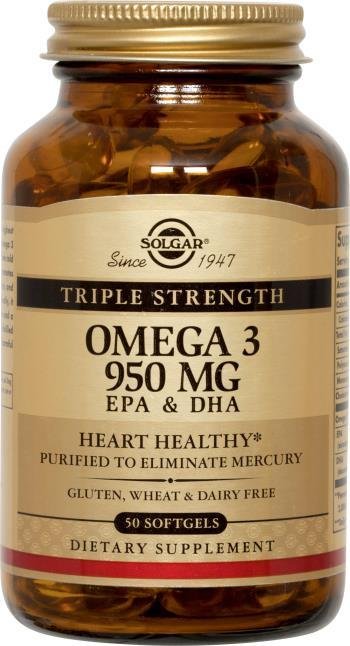 Triple Stength Omega-3 950 mg Solgar 50 Softgels,  мл, Solgar. Омега 3 (Рыбий жир). Поддержание здоровья Укрепление суставов и связок Здоровье кожи Профилактика ССЗ Противовоспалительные свойства 
