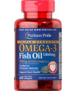 Triple Strength Omega-3 Fish Oil 1360 mg, 60 шт, Puritan's Pride. Омега 3 (Рыбий жир). Поддержание здоровья Укрепление суставов и связок Здоровье кожи Профилактика ССЗ Противовоспалительные свойства 