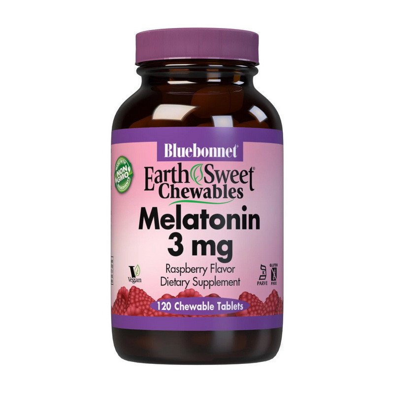 Мелатонин Bluebonnet Nutrition Melatonin 3 mg 120 жевачек Малина,  мл, Bluebonnet Nutrition. Мелатонин. Улучшение сна Восстановление Укрепление иммунитета Поддержание здоровья 