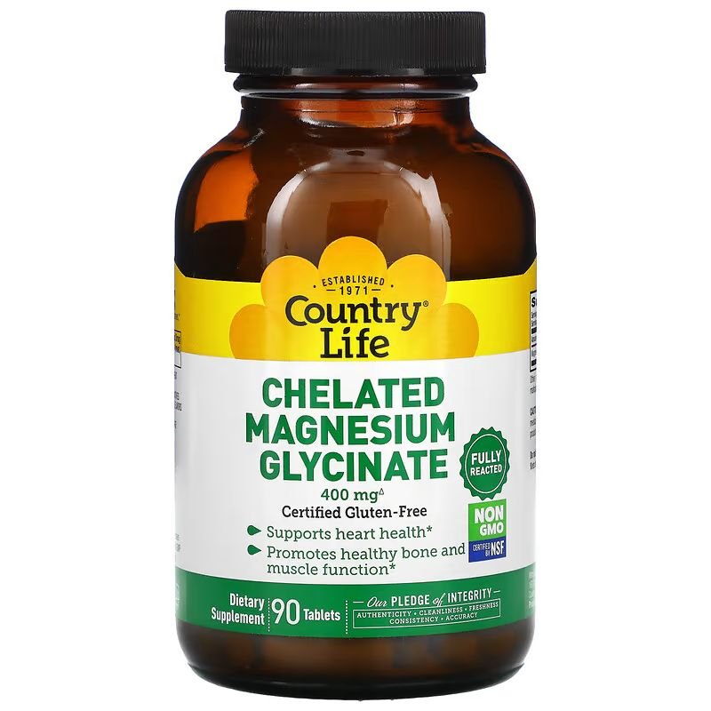 Витамины и минералы Country Life Chelated Magnesium Glycinate 400 mg, 90 таблеток,  мл, Country Life. Витамины и минералы. Поддержание здоровья Укрепление иммунитета 
