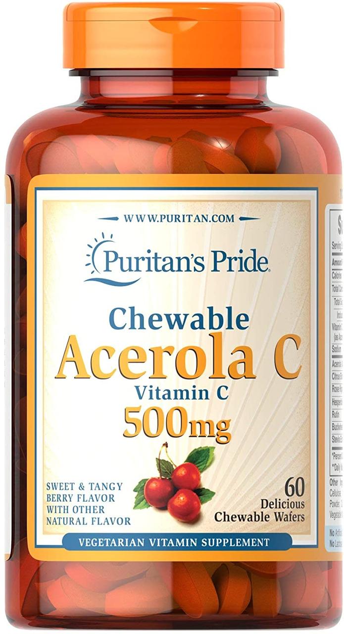 Puritan's Pride Витамин C Puritan's Pride Chewable Acerola with Vitamin C 500 mg 60 жевательных таблеток, , 