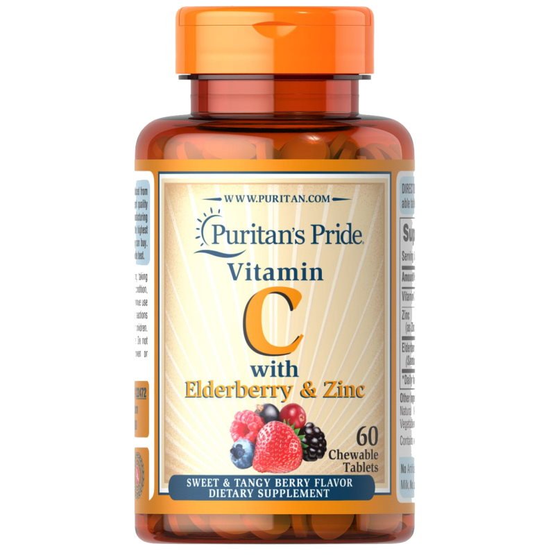 Puritan's Pride Витамины и минералы Puritan's Pride Vitamin C with Elderberry &amp; Zinc, 60 жевательных таблеток, , 