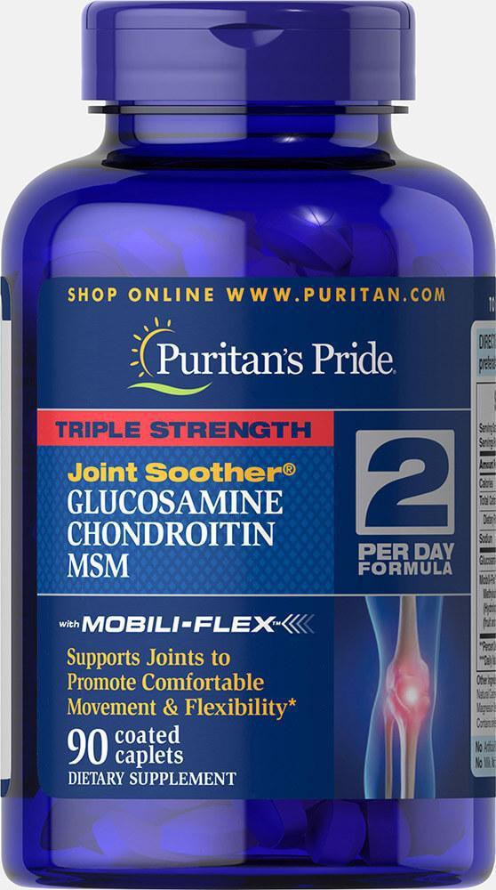 Triple Strength Glucosamine, Chondroitin & MSM Joint Soother®90 Caplets,  мл, Puritan's Pride. Хондропротекторы. Поддержание здоровья Укрепление суставов и связок 