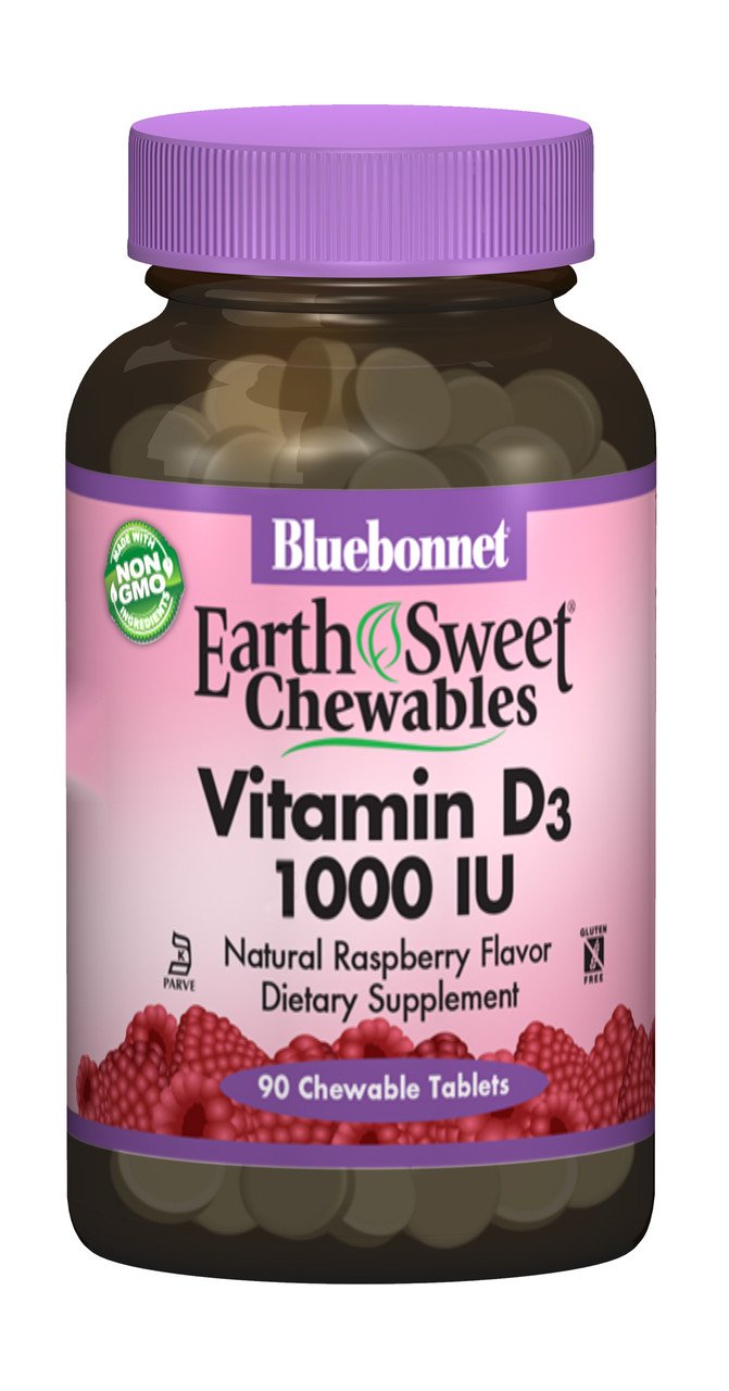 Bluebonnet Nutrition Витамин D3 1000IU, Вкус Малины, Earth Sweet Chewables, Bluebonnet Nutrition, 90 жевательных таблеток, , 