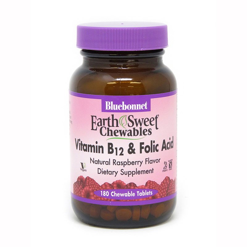 Витамины и минералы Bluebonnet Earth Sweet Chewables Vitamin В12 and Folic Acid, 180 жевательных таблеток,  мл, Bluebonnet Nutrition. Витамины и минералы. Поддержание здоровья Укрепление иммунитета 
