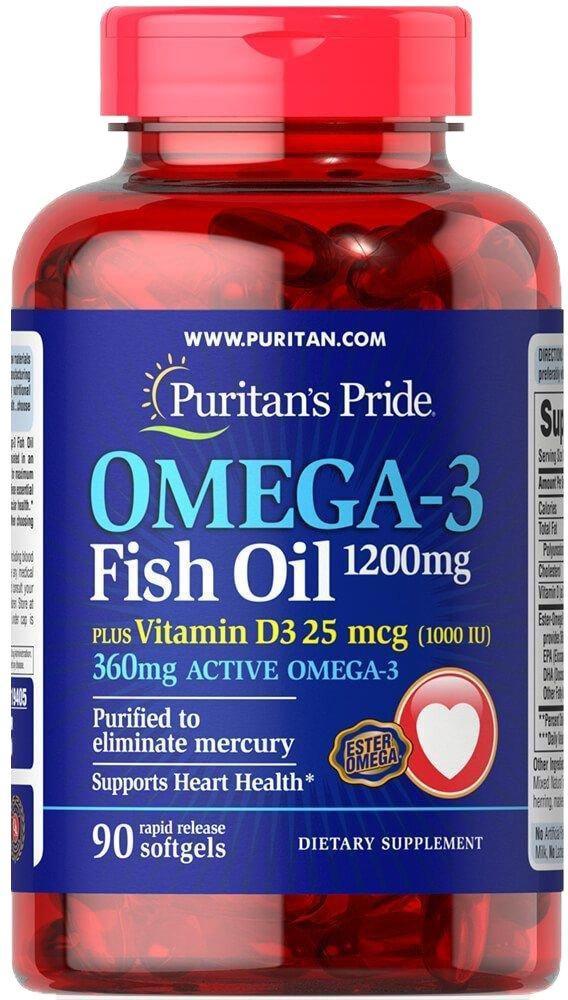 Puritan's Pride Omega 3 Fish Oil 1200 mg plus Vitamin D3 1000 IU 90 Softgels,  мл, Puritan's Pride. Омега 3 (Рыбий жир). Поддержание здоровья Укрепление суставов и связок Здоровье кожи Профилактика ССЗ Противовоспалительные свойства 