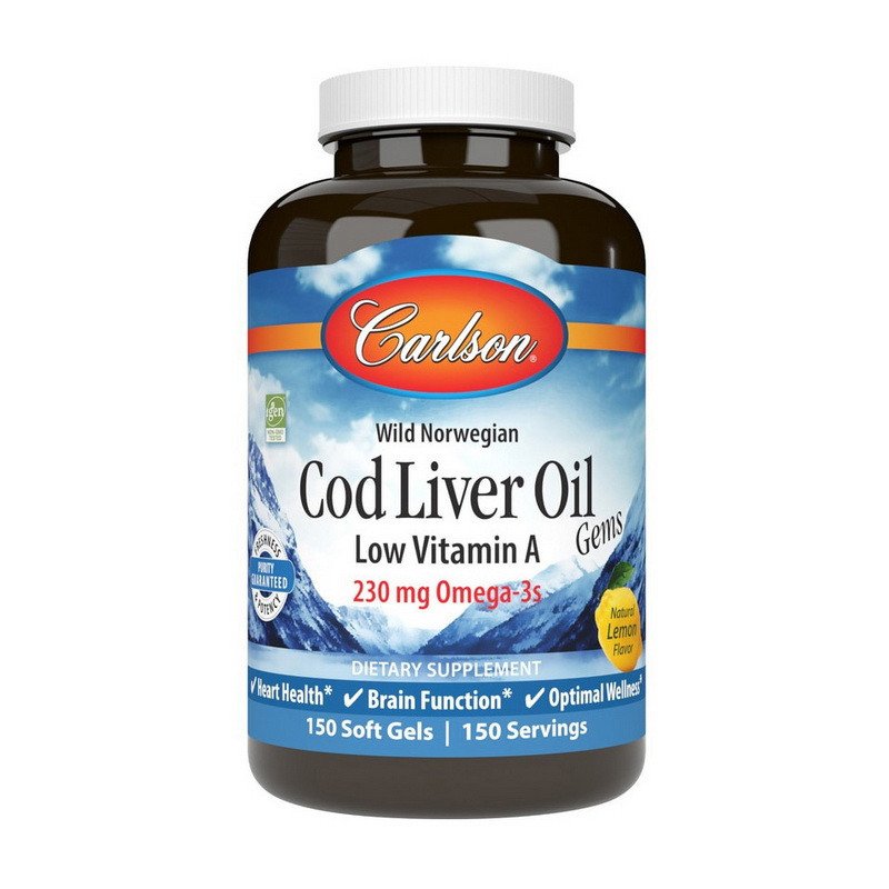 Омега 3 Carlson Labs Cod Liver Oil Low Vitamin A 230 mg Omega-3s 150 капсул,  мл, Carlson Labs. Омега 3 (Рыбий жир). Поддержание здоровья Укрепление суставов и связок Здоровье кожи Профилактика ССЗ Противовоспалительные свойства 