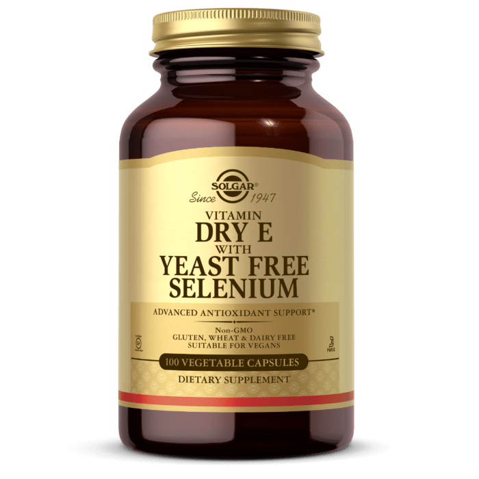 Solgar Vitamin Dry E with Yeast Free Selenium 100 Veg Caps Витамин E сухой с селеном без дрожжей,  мл, Solgar. Витамин E. Поддержание здоровья Антиоксидантные свойства 