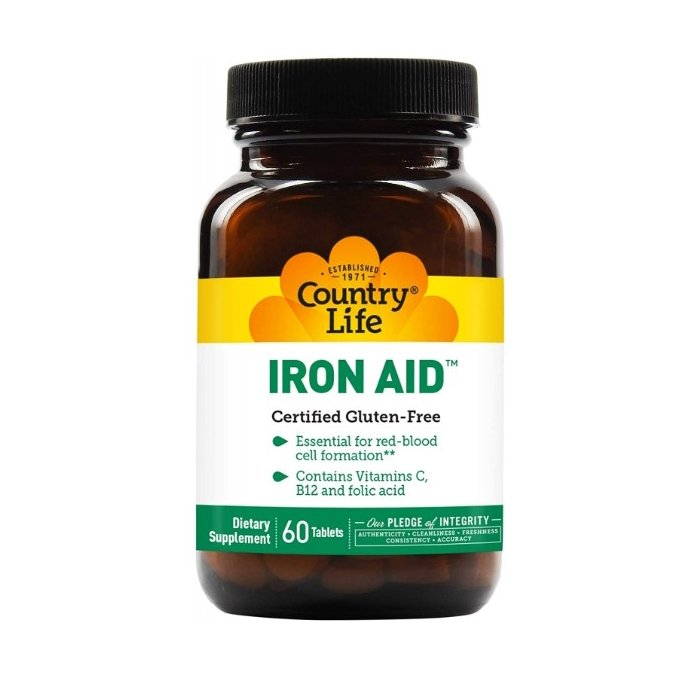 Витамины и минералы Country Life Iron Aid 15 mg, 60 таблеток,  мл, Country Life. Витамины и минералы. Поддержание здоровья Укрепление иммунитета 