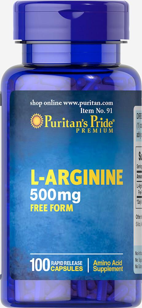 L-Arginine 500 mg100 Capsules,  мл, Puritan's Pride. Аргинин. Восстановление Укрепление иммунитета Пампинг мышц Антиоксидантные свойства Снижение холестерина Донатор оксида азота 