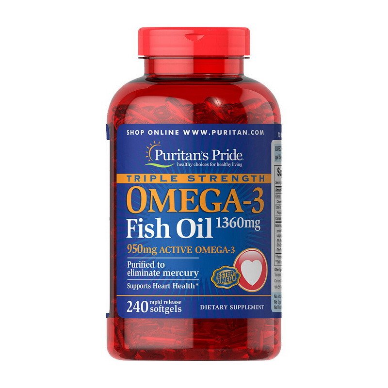 Омега 3 Puritan's Pride Triple Strength Omega-3 Fish Oil 1360 mg (240 капс) рыбий жир пуританс прайд,  мл, Puritan's Pride. Омега 3 (Рыбий жир). Поддержание здоровья Укрепление суставов и связок Здоровье кожи Профилактика ССЗ Противовоспалительные свойства 