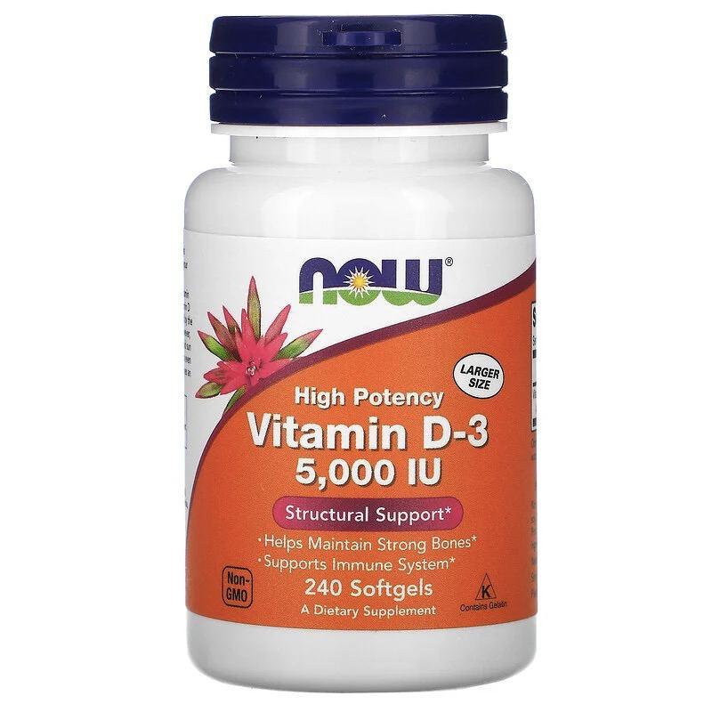 NOW Foods Vitamin D-3 High Potency 5,000 IU 240 Softgels,  мл, Now. Витамины и минералы. Поддержание здоровья Укрепление иммунитета 