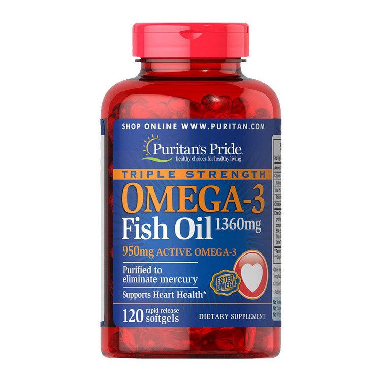 Омега 3 Puritan's Pride Triple Strength Omega-3 Fish Oil 1360 mg (120 капс) рыбий жир пуританс прайд,  мл, Puritan's Pride. Омега 3 (Рыбий жир). Поддержание здоровья Укрепление суставов и связок Здоровье кожи Профилактика ССЗ Противовоспалительные свойства 