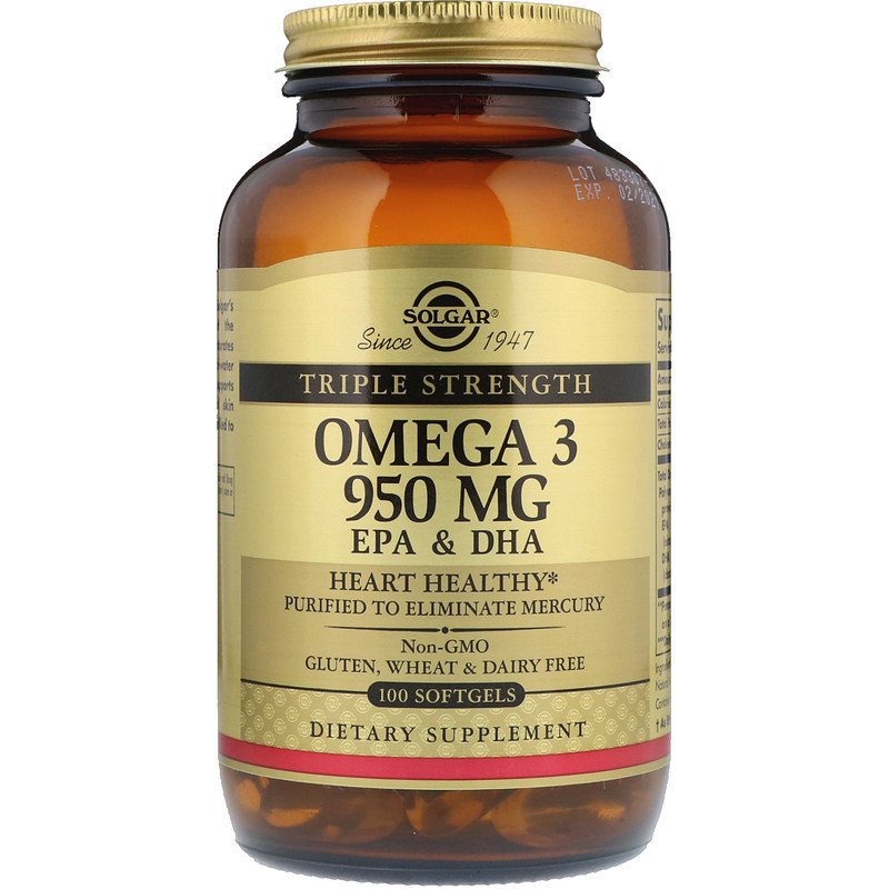 Triple Stength Omega-3 950 mg Solgar 100 Softgels,  мл, Solgar. Омега 3 (Рыбий жир). Поддержание здоровья Укрепление суставов и связок Здоровье кожи Профилактика ССЗ Противовоспалительные свойства 