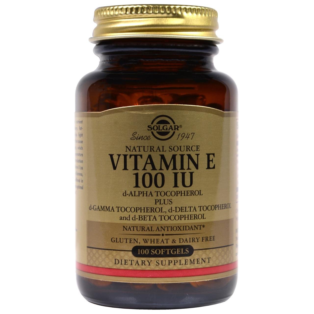 Solgar Natural Vitamin E 100 IU 100 Softgels,  мл, Solgar. Витамин E. Поддержание здоровья Антиоксидантные свойства 