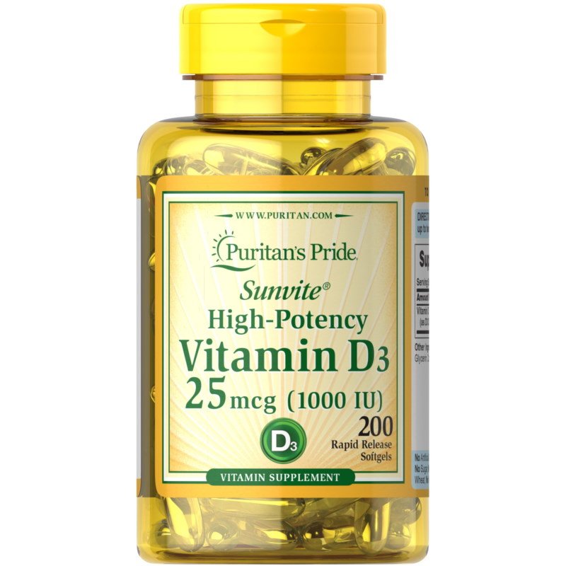 Protein Factory Витамины и минералы Puritan's Pride Vitamin D3 1000 IU, 200 капсул, , 