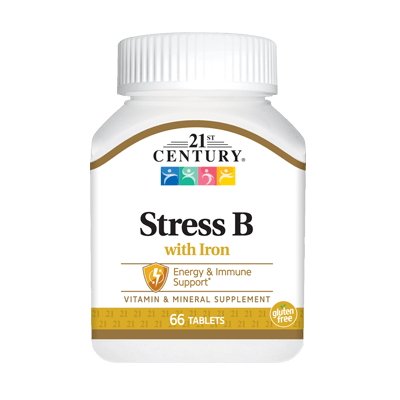 Витамины и минералы 21st Century Stress B with Iron, 66 таблеток,  мл, 21st Century. Витамины и минералы. Поддержание здоровья Укрепление иммунитета 