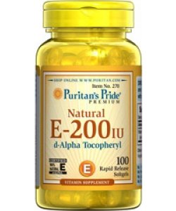 Natural E-200 IU, 100 pcs, Puritan's Pride. Vitamin E. General Health Antioxidant properties 