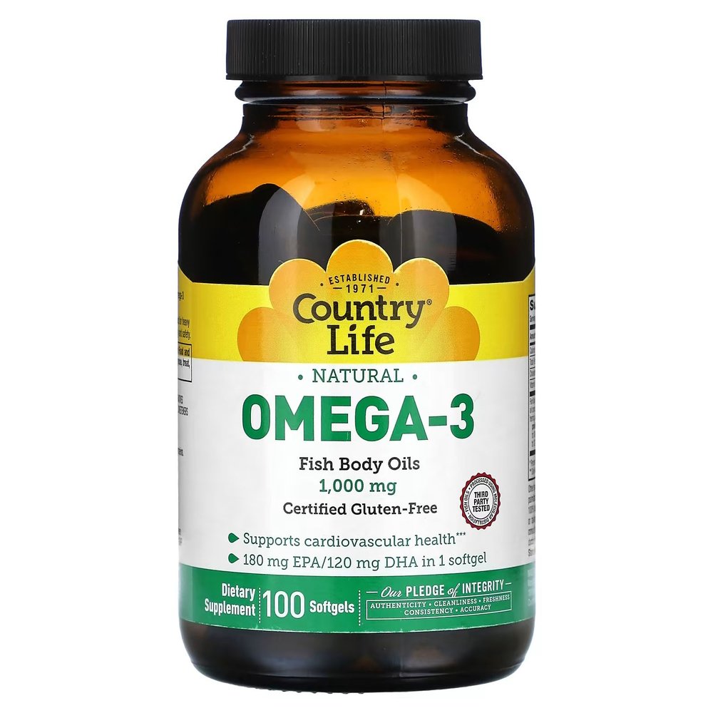 Жирные кислоты Country Life Natural Omega-3 1000 mg, 100 капсул,  мл, Country Life. Жирные кислоты (Omega). Поддержание здоровья 