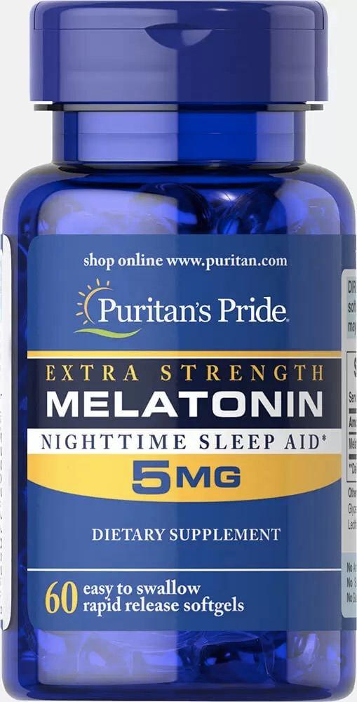Мелатонін Puritan's Pride Melatonin 5 mg 60 caps,  ml, Puritan's Pride. Melatoninum. Improving sleep recuperación Immunity enhancement General Health 