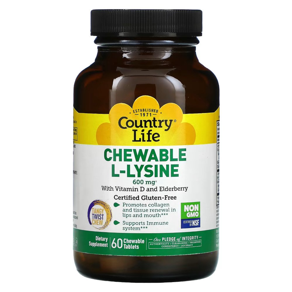 Аминокислота Country Life Chewable L-Lysine, 60 жевательных таблеток,  мл, Country Life. Аминокислоты. 