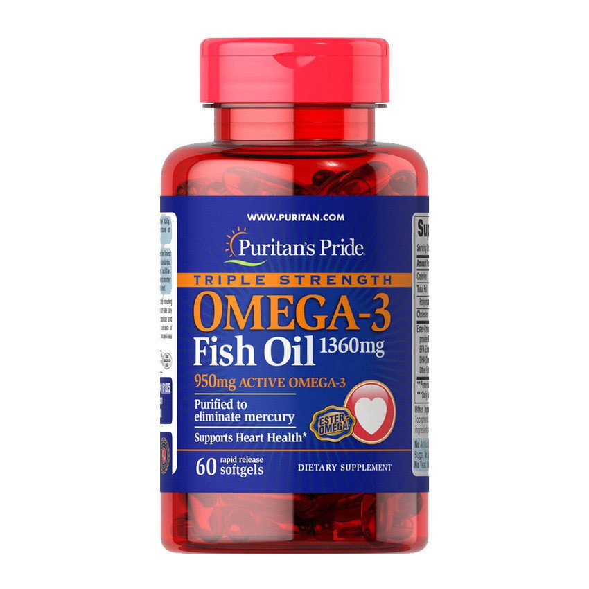 Омега 3 Puritan's Pride Triple Strength Omega-3 Fish Oil 1360 mg (60 капс) рыбий жир пуританс прайд,  мл, Puritan's Pride. Омега 3 (Рыбий жир). Поддержание здоровья Укрепление суставов и связок Здоровье кожи Профилактика ССЗ Противовоспалительные свойства 