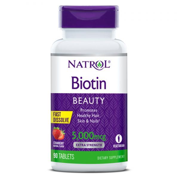 Биотин Natrol Biotin Fast Dissolve 5,000 mcg (90 таб) витамин б7 натролклубника,  мл, Natrol. Витамин B. Поддержание здоровья 