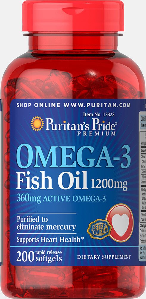 Жирні кислоти Puritan's Pride Omega-3 Fish Oil 1200 mg 200 Softgels,  мл, Puritan's Pride. Омега 3 (Рыбий жир). Поддержание здоровья Укрепление суставов и связок Здоровье кожи Профилактика ССЗ Противовоспалительные свойства 