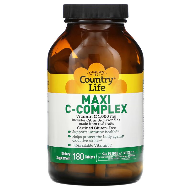 Витамины и минералы Country Life Maxi C-Complex, 180 таблеток,  мл, Country Life. Витамины и минералы. Поддержание здоровья Укрепление иммунитета 