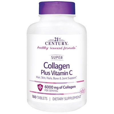 Для суставов и связок 21st Century Super Collagen Plus Vitamin C 6000 mg, 180 таблеток,  мл, 21st Century. Хондропротекторы. Поддержание здоровья Укрепление суставов и связок 