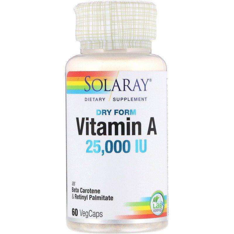 Dry Form Vitamin A 25 000 IU - 60 VegCaps,  мл, Solaray. Витамин А. Поддержание здоровья Укрепление иммунитета Здоровье кожи Укрепление волос и ногтей Антиоксидантные свойства 
