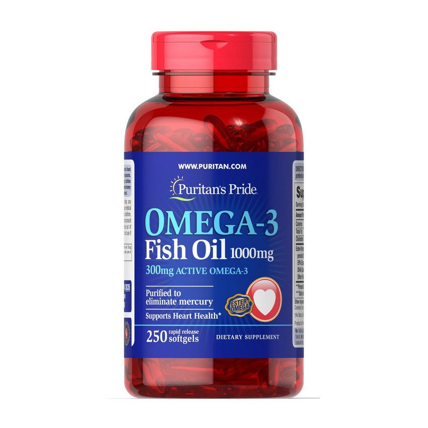 Омега 3 Puritan's Pride Omega-3 Fish Oil 1000 mg (250 капс) рыбий жир пуританс прайд,  мл, Puritan's Pride. Омега 3 (Рыбий жир). Поддержание здоровья Укрепление суставов и связок Здоровье кожи Профилактика ССЗ Противовоспалительные свойства 