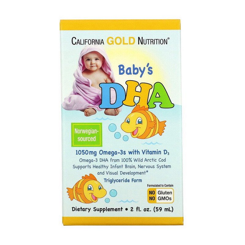 Детская Омега-3 California Gold Nutrition Baby's DHA with Vitamin D3 59 мл,  мл, California Gold Nutrition. Омега 3 (Рыбий жир). Поддержание здоровья Укрепление суставов и связок Здоровье кожи Профилактика ССЗ Противовоспалительные свойства 