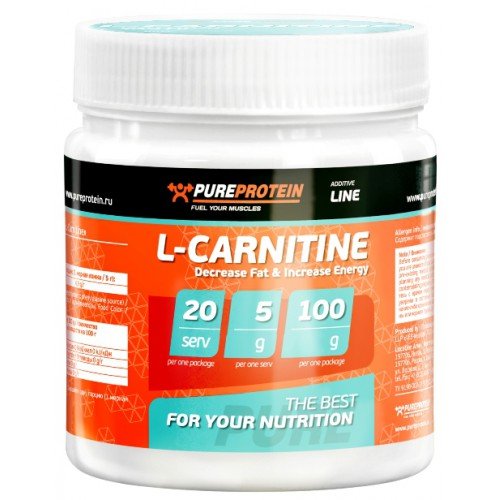 L-Carnitine, 100 г, Pure Protein. L-карнитин. Снижение веса Поддержание здоровья Детоксикация Стрессоустойчивость Снижение холестерина Антиоксидантные свойства 