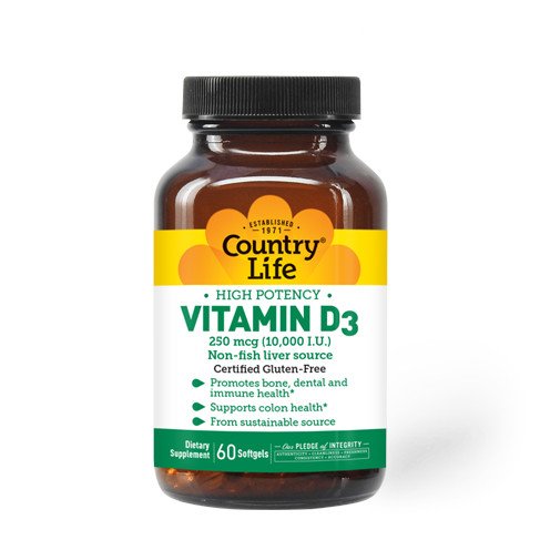 Витамины и минералы Country Life High Potency Vitamin D3 10 000 IU, 60 капсул,  мл, Country Life. Витамины и минералы. Поддержание здоровья Укрепление иммунитета 