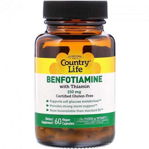 Витамины и минералы Country Life Benfotiamine with Thiamine, 60 вегакапсул,  ml, Country Life. Vitaminas y minerales. General Health Immunity enhancement 