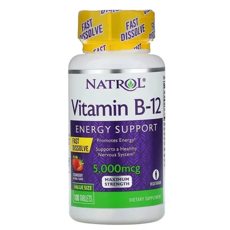 Витамины и минералы Natrol Vitamin B-12 5000 mcg, 100 таблеток Клубника,  ml, Natrol. Vitamins and minerals. General Health Immunity enhancement 
