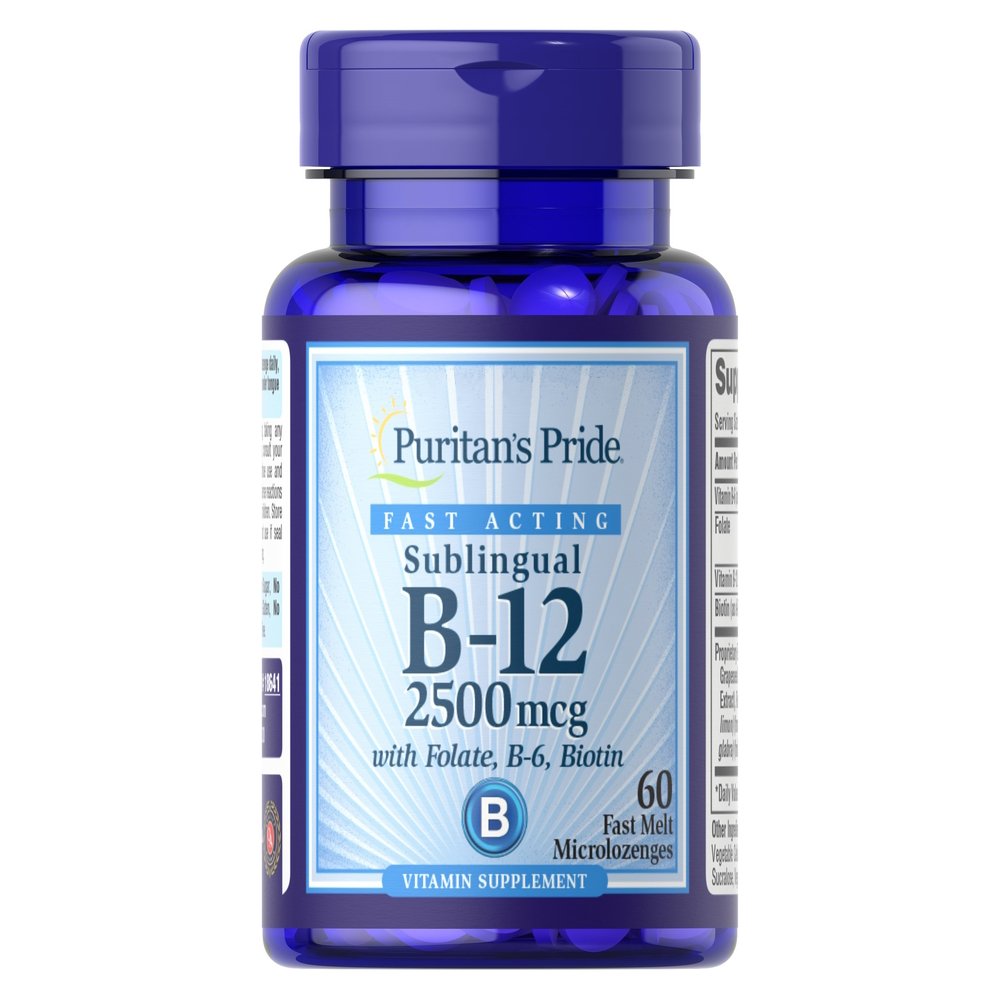 Витамины и минералы Puritan's Pride Vitamin B-12 2500 mcg Sublingual with B9 B6 B7, 60 микро леденцов,  мл, Puritan's Pride. Витамины и минералы. Поддержание здоровья Укрепление иммунитета 