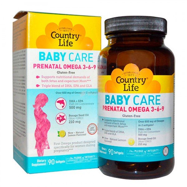 Жирные кислоты Country Life Baby Care Prenatal Omega 3-6-9, 90 капсул,  мл, Country Life. Жирные кислоты (Omega). Поддержание здоровья 