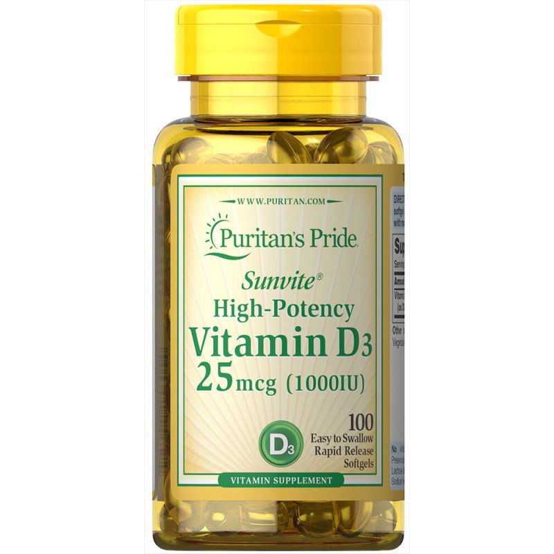 Витамины и минералы Puritan's Pride Vitamin D3 1000 IU, 100 капсул,  ml, Puritan's Pride. Vitamins and minerals. General Health Immunity enhancement 