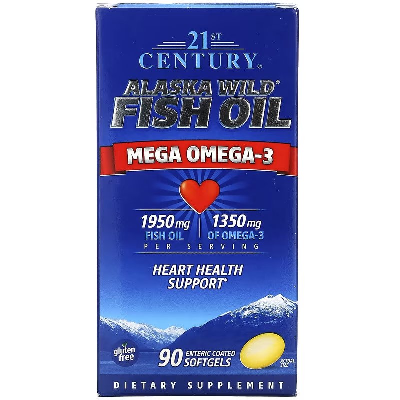 Жирные кислоты 21st Century Alaska Wild Fish Oil Mega Omega-3, 90 капсул,  ml, 21st Century. Fats. General Health 