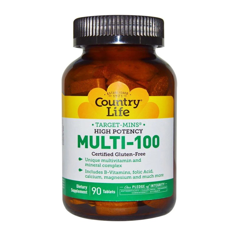 Витамины и минералы Country Life Multi-100, 90 таблеток,  мл, Country Life. Витамины и минералы. Поддержание здоровья Укрепление иммунитета 