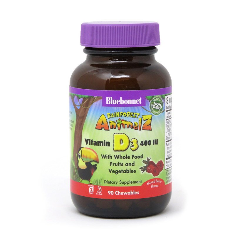 Витамины и минералы Bluebonnet Rainforest Animalz Vitamin D3 400IU, 90 жевательных таблеток,  ml, Bluebonnet Nutrition. Vitamina D. 