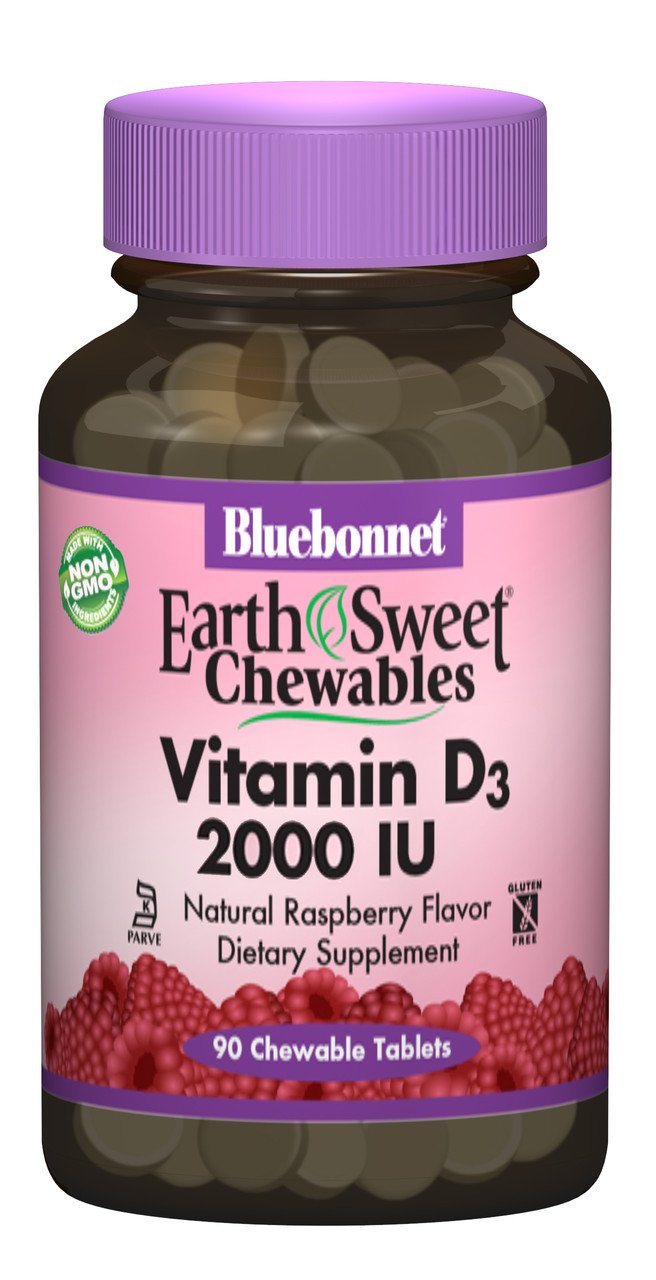 Витамин D3 2000IU, Вкус Малины, Earth Sweet Chewables, Bluebonnet Nutrition, 90 жевательных таблеток,  мл, Bluebonnet Nutrition. Витамин D. 