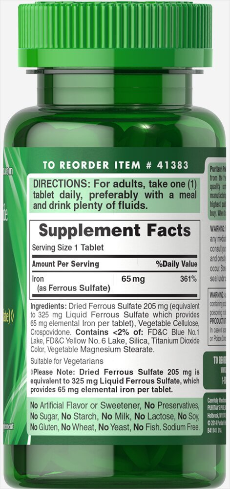 Iron Ferrous Sulfate 65 mg, 100 таблеток,  ml, Puritan's Pride. Vitamins and minerals